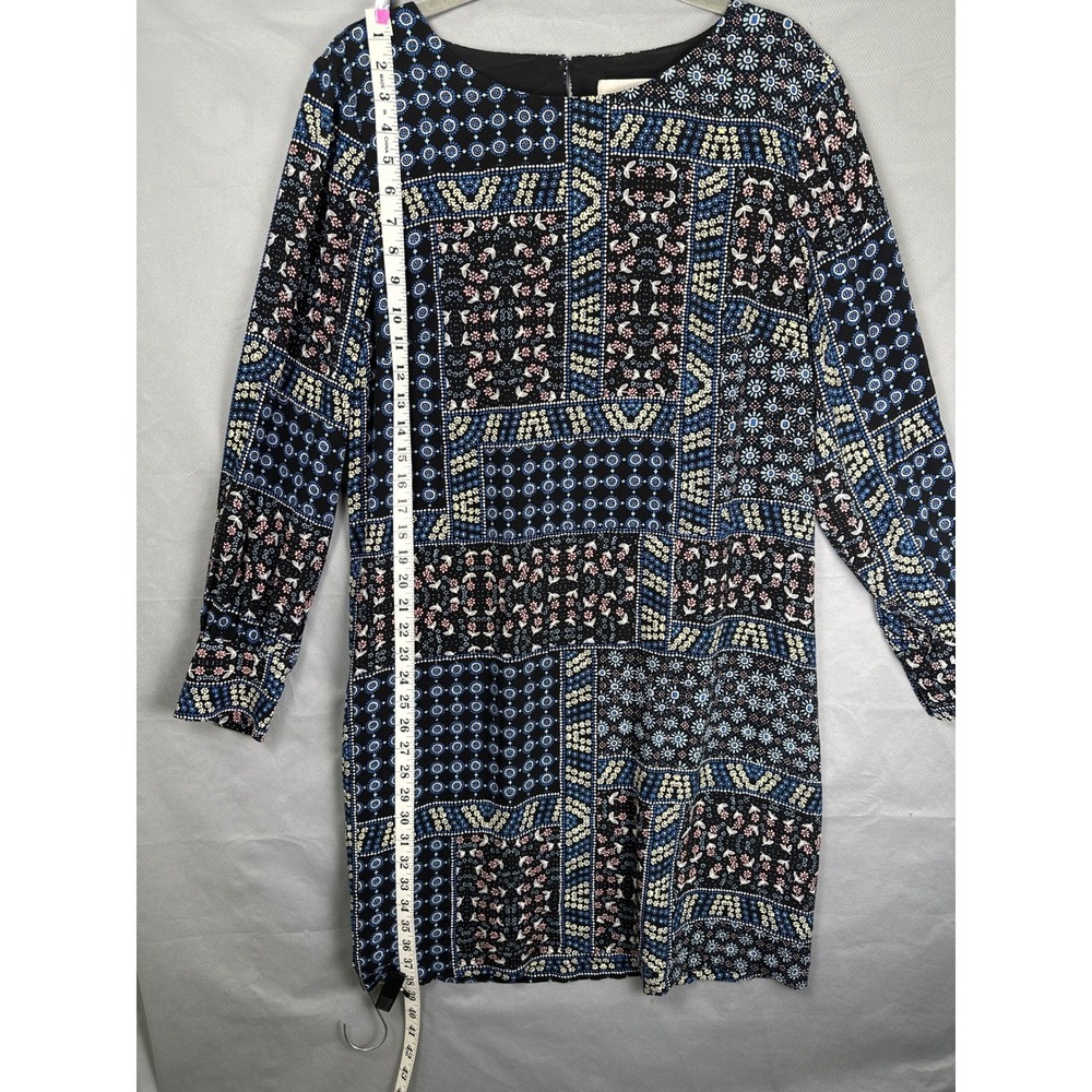 LOFT Patchwork Print Long Sleeve Shift Dress Black Blue Yellow Women's Size 14 - Picture 6 of 8